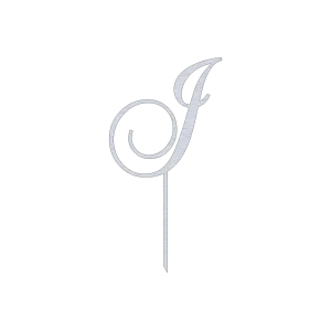 Elegant J monogram letter swirl script cake topper with a sophisticated design, crafted from high-quality Aluminum. This topper features a Natural Aluminum finish, adding a touch of elegance to any cake. Measuring 7.0 inches wide by 13.0 inches high, it is perfect for weddings, birthdays, and other special occasions.